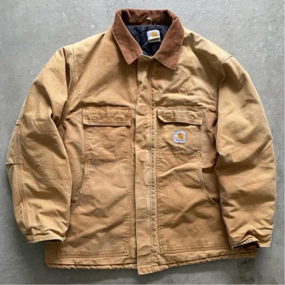 VTG Carhartt Original Tan Sun Faded Jacket Corduroy Collar 3XL Quilted Street